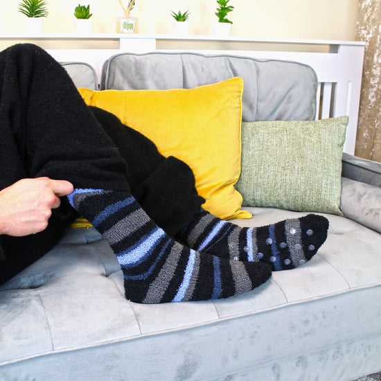 4 par sängstrumpor för herrar |Thermal Anti Slip Fuzzy Slipper Socks - Blå / röd rand - Image 5