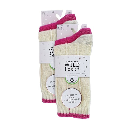4 Pack Ladies Cable Knit Socks | Wildfeet | Lurex Glitter Socks for Women - Cream/Pink - Image 2