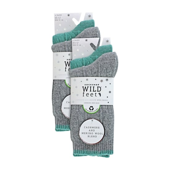 4 Pack Ladies Cable Knit Socks | Wildfeet | Lurex Glitter Socks for Women - Grey/Green - Image 2