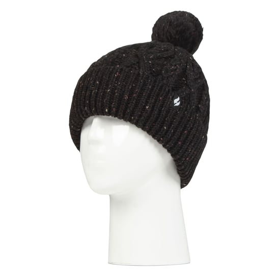 Ladies Pom Pom Bobble Hat | Heat Holders | Fashionable Chunky Warm Cable Knit Beanie with Heatweaver Fleece Lining | Salzburg Style - Black - Image 3