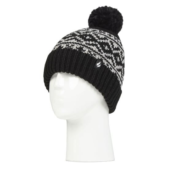 Ladies Patterned Turnover Bobble Hat | Heat Holders | Chunky Cable Knit with Heatweaver Fleece Lining | Billingen Style - Black - Image 3