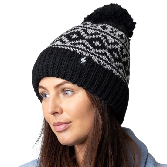 Ladies Patterned Turnover Bobble Hat | Heat Holders | Chunky Cable Knit with Heatweaver Fleece Lining | Billingen Style - Black - Image 4