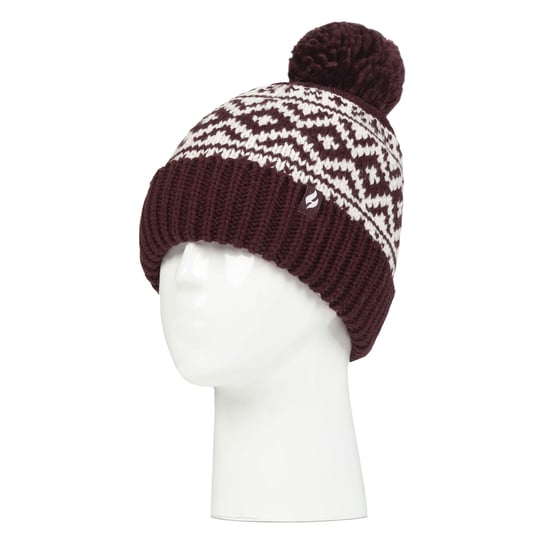 Ladies Patterned Turnover Bobble Hat | Heat Holders | Chunky Cable Knit with Heatweaver Fleece Lining | Billingen Style - Wine - Image 3
