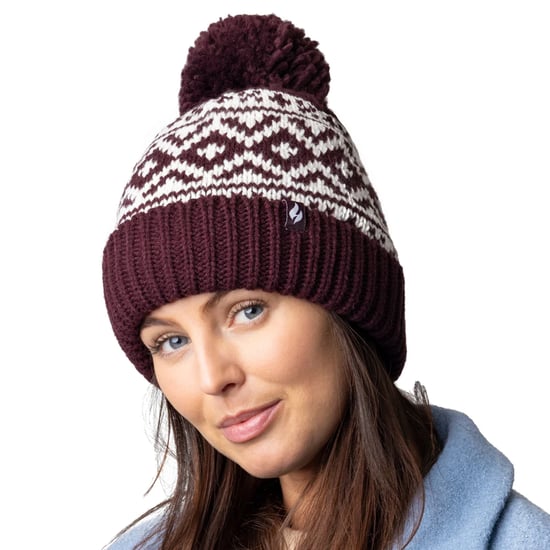 Ladies Patterned Turnover Bobble Hat | Heat Holders | Chunky Cable Knit with Heatweaver Fleece Lining | Billingen Style - Wine - Image 4