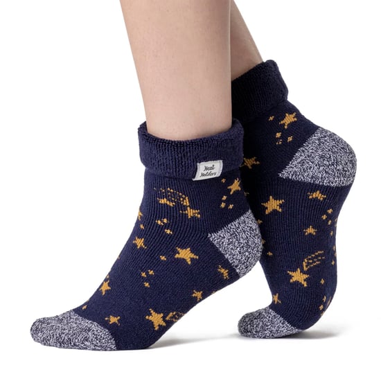 Mysiga damstrumpor med vändbar mudd | värmehållare | varma fluffiga loungestrumpor för vintern - Navy/Gold Stars - Image 3