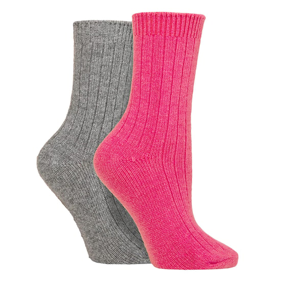 4 Pack Ladies Cashmere Boot Socks | Wildfeet | Ribbed Crew Wool Bed Socks - Pink/Grey - Image 3