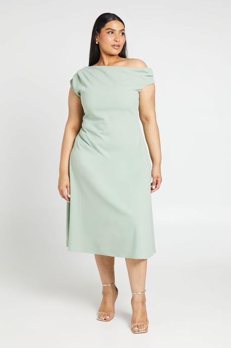 Plus Crepe Asymmetric Neck Skater Midi Dress - Image 1