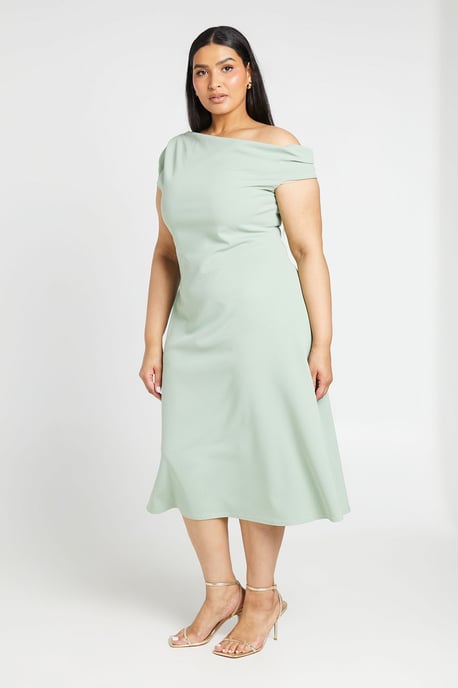 Plus Crepe Asymmetric Neck Skater Midi Dress - Image 3