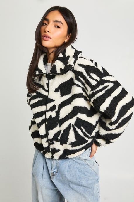 Zebra Funnel Neck Teddy Bomber Jacket - Image 1