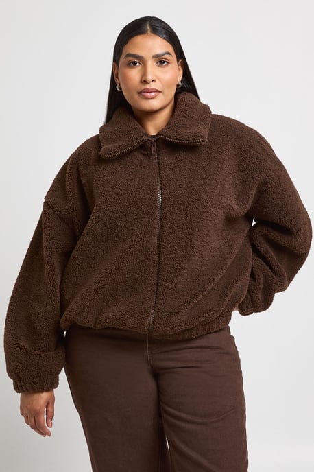 Plus Funnel Neck Teddy Bomber Jacket - Image 1