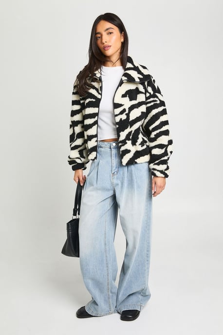 Zebra Funnel Neck Teddy Bomber Jacket - Image 3