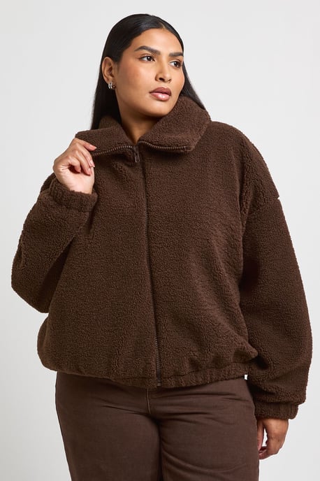 Plus Funnel Neck Teddy Bomber Jacket - Image 3