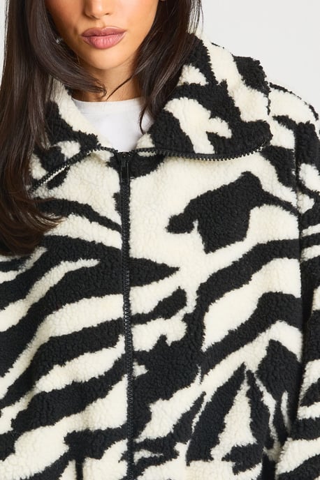 Zebra Funnel Neck Teddy Bomber Jacket - Image 4