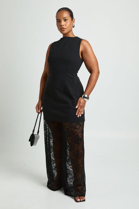 Plus Bengaline Longline Jumpsuit With Lace Wie Leg Trouser - Image 1
