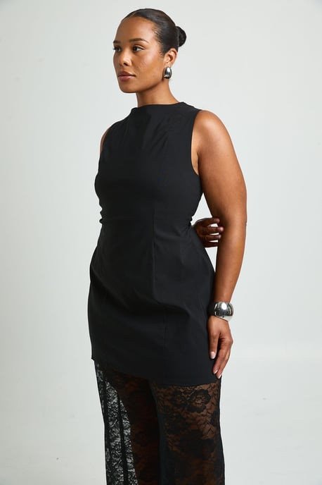 Plus Bengaline Longline Jumpsuit With Lace Wie Leg Trouser - Image 4