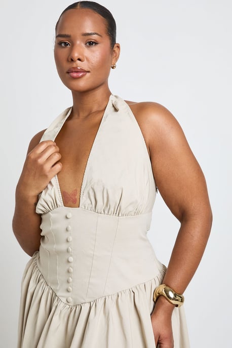 Plus Bengaline Halterneck Button Down Skater Dress - Image 4