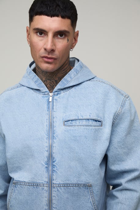 Tall Basic Boxy Oversized Zip Through Denim Hoodie - Image 3