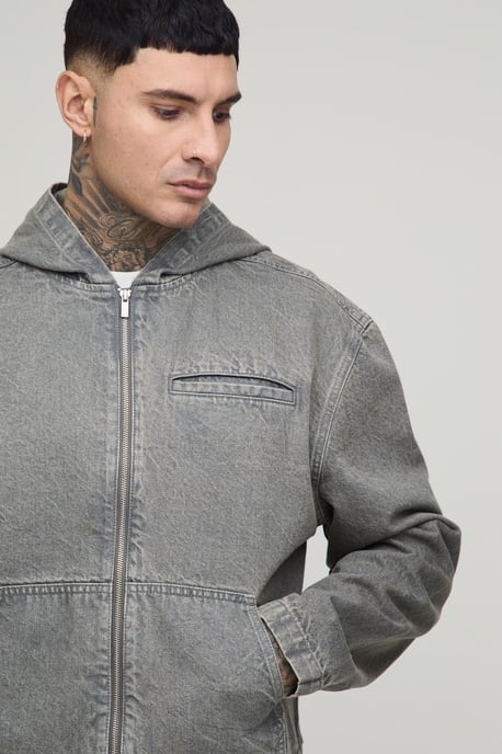 Tall Basic Boxy Oversized Zip Through Denim Hoodie - Image 3