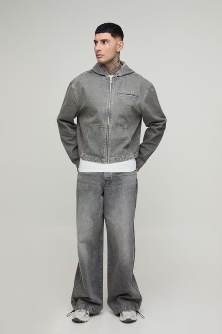 Tall Basic Boxy Oversized Zip Through Denim Hoodie - Image 4