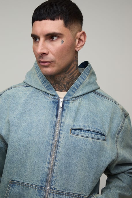 Tall Basic Boxy Oversized Zip Through Denim Hoodie - Image 3