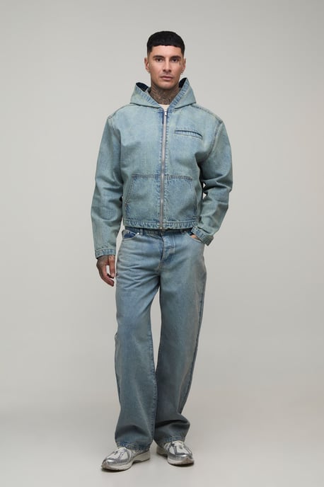 Tall Basic Boxy Oversized Zip Through Denim Hoodie - Image 4