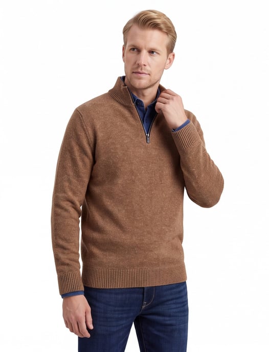 A Fish Named Fred halfzip trui effen bruin slim fit - Image 1