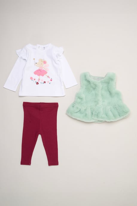 Faux Fur Gilet Set with Floral Bow T-Shirt & Leggings - Image 1