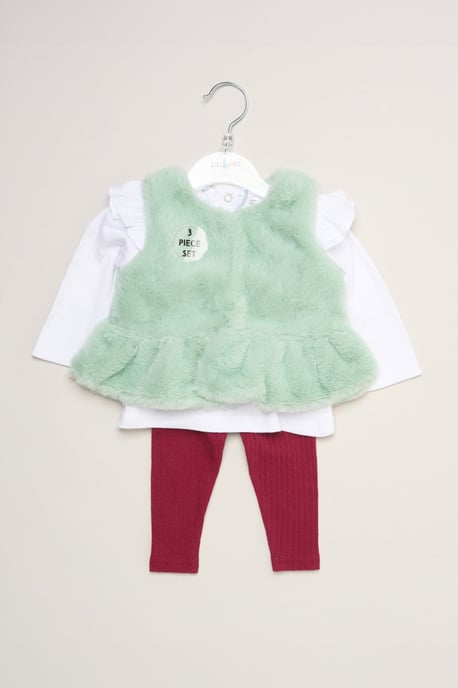 Faux Fur Gilet Set with Floral Bow T-Shirt & Leggings - Image 6