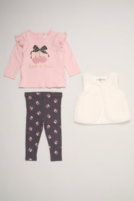 Faux Fur Gilet Set with Cherry T-Shirt & Leggings - Image 1