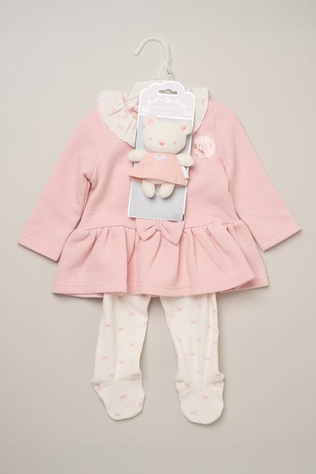 3 Piece Quilted Top and Legging Set with Plush Bear Toy - Image 1