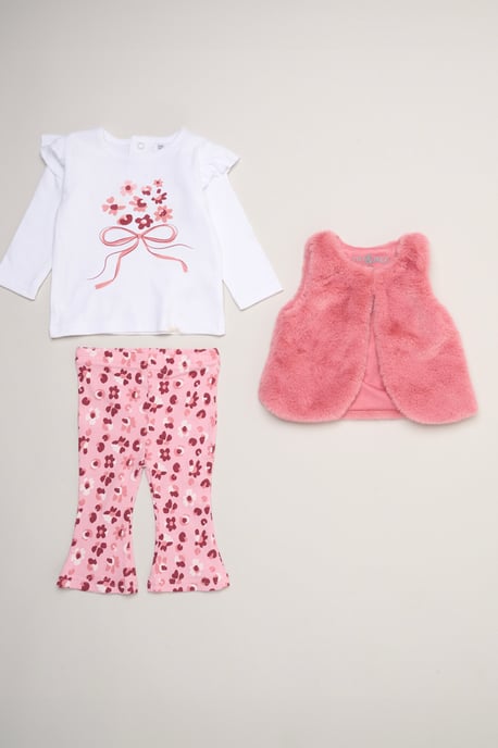 Faux Fur Gilet Set with Floral Bow T-Shirt & Leggings - Image 1