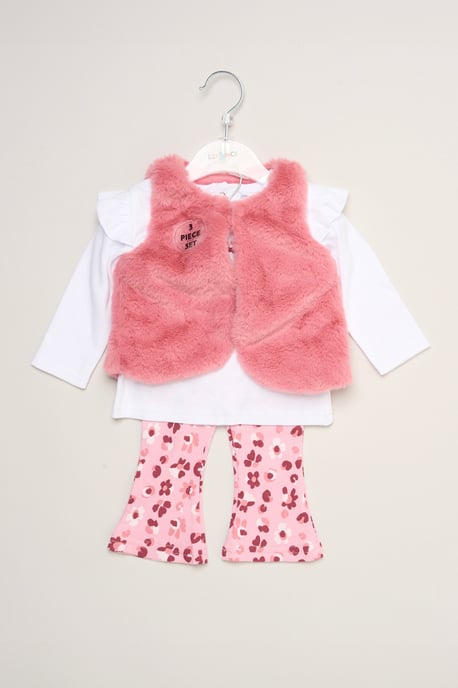 Faux Fur Gilet Set with Floral Bow T-Shirt & Leggings - Image 6