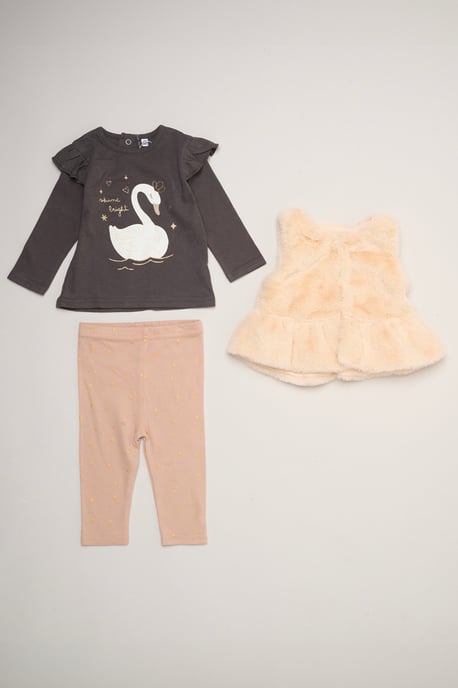 Faux Fur Gilet Set with Swan T-Shirt & Leggings - Image 1