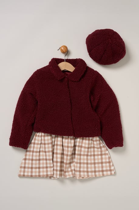 3 Piece Faux Fur Jacket and Check Dress Set with Beret - Image 1