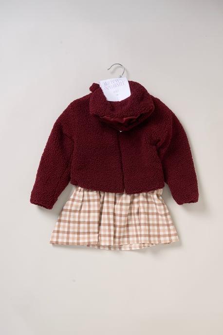 3 Piece Faux Fur Jacket and Check Dress Set with Beret - Image 5