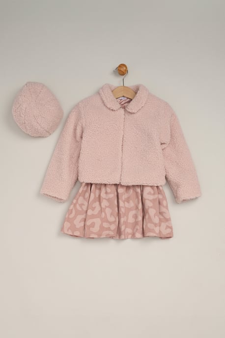 3 Piece Faux Fur Jacket and Printed Dress Set with Beret - Image 1
