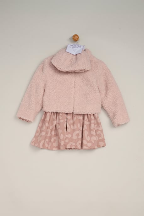 3 Piece Faux Fur Jacket and Printed Dress Set with Beret - Image 2