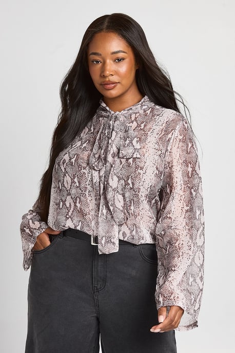 Plus Snake Chiffon High Neck Scarf Blouse - Image 3