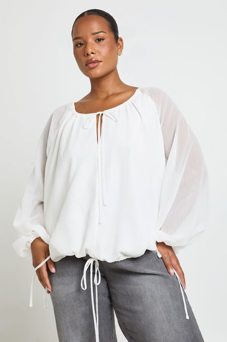 Plus Ruched Tie Front Balloon Sleeve Blouse - Image 1