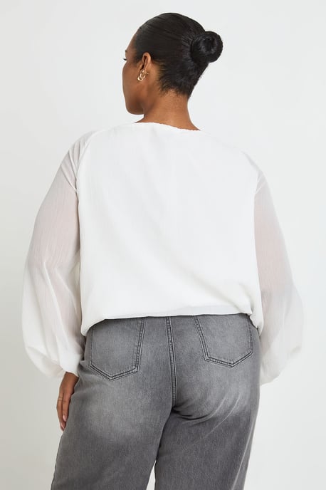 Plus Ruched Tie Front Balloon Sleeve Blouse - Image 2