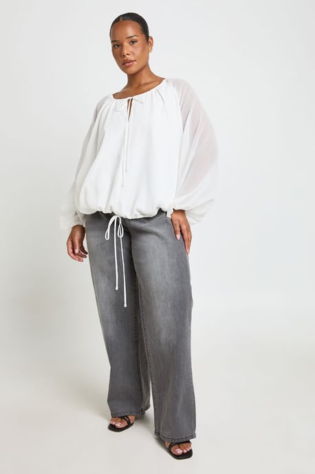 Plus Ruched Tie Front Balloon Sleeve Blouse - Image 3