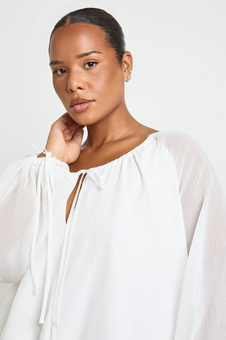 Plus Ruched Tie Front Balloon Sleeve Blouse - Image 4