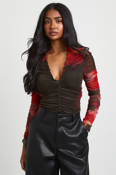 Floral Printed Mesh Ruched Neckline Long Sleeve Bodysuit - Image 1
