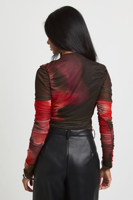 Floral Printed Mesh Ruched Neckline Long Sleeve Bodysuit - Image 2