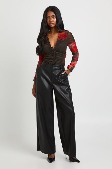 Floral Printed Mesh Ruched Neckline Long Sleeve Bodysuit - Image 3