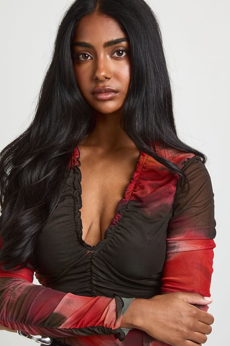 Floral Printed Mesh Ruched Neckline Long Sleeve Bodysuit - Image 4