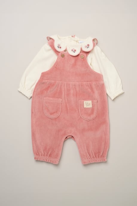 Bodysuit with Embroidered Collar and Velour Dungarees - Image 1