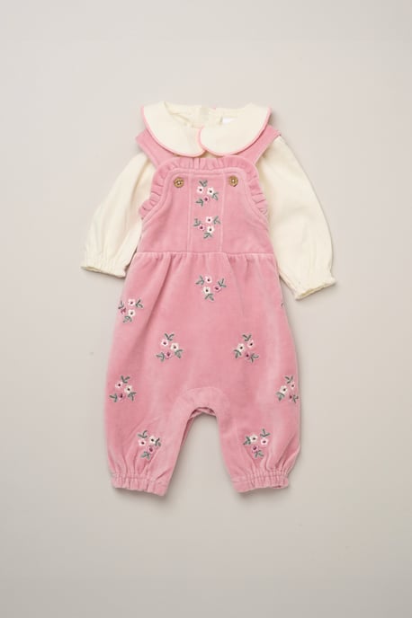 Bodysuit with Peter Pan Collar and Ribbed Velour Dungarees with Embroidery - Image 1