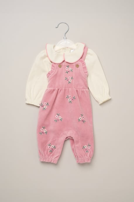 Bodysuit with Peter Pan Collar and Ribbed Velour Dungarees with Embroidery - Image 2