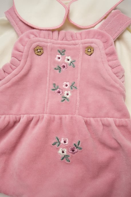 Bodysuit with Peter Pan Collar and Ribbed Velour Dungarees with Embroidery - Image 3